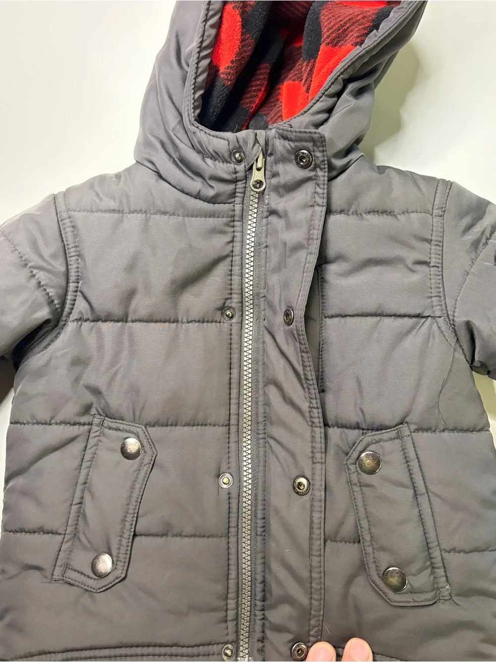 OshKosh B’gosh Boys 2T Gray Puffer Jacket Red Buffalo Plaid Fleece Lined Hooded